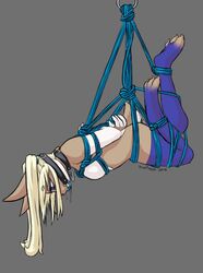 anthro ball_gag black_collar blue_eyes bondage bound collar dustoxin female furry gag gagged hands_behind_back hi_res lagomorph leporid mammal rabbit rope rope_bondage rope_harness saliva solo suspension