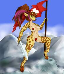 absurd_res anthro bikini breasts celine_louison clothing duplicitousmachine female flag giraffe giraffid hair hi_res hippik mammal melee_weapon swimwear swiss_flag sword weapon