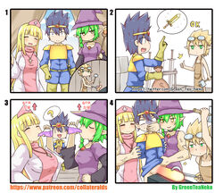 /\/\/\ 1boy 3girls 4koma :d ? absurdres apron arm_up artist_name bangs black_choker blacksmith blonde_hair blue_eyes blue_shirt blue_sky braid breasts brown_apron brown_eyes brown_gloves brown_pants choker closed_eyes cloud cloudy_sky collarbone comedy comic commentary_request covering_another's_mouth covering_mouth cross cross_necklace day directional_arrow dollar_sign dress drinking erlenmeyer_flask eyebrows_visible_through_hair fantasy funny gagged gloves goggles goggles_on_head green_eyes green_hair greenteaneko hair_between_eyes hand_over_another's_mouth hand_over_mouth handgag hat highres holding holding_hammer holding_sack holding_staff humor indoors jewelry large_breasts latin_cross long_sleeves medium_breasts money_bag mongirl_4koma multiple_girls muscle muscular_female naked_apron necklace nurse_cap open_mouth original pants penis pink_headwear pointy_ears potion profile purple_headwear red_eyes restrained sack shirt short_over_long_sleeves short_sleeves side_braid silent_comic single_braid sky smile spoken_object spoken_question_mark squinting staff sword thumbs_up turn_pale v-shaped_eyebrows watermark weapon web_address white_dress witch_hat |_|