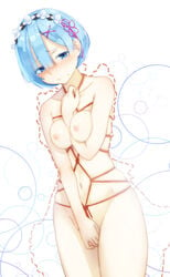 arm_between_breasts bangs bare_shoulders between_legs blue_eyes blue_hair blush bondage bound breast_bondage breasts cleavage closed_mouth collarbone crotch_rope embarrassed eyebrows_visible_through_hair eyes_visible_through_hair female full_body hair_between_eyes hair_ornament hair_over_one_eye highres medium_breasts nipples pink_ribbon purple_ribbon re:zero_kara_hajimeru_isekai_seikatsu red_rope rem_(re:zero) ribbon rope shibari simple_background solo songchuan_li underbust white_background x_hair_ornament