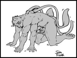 1boy 4:3 4_arms anthro displacer_beast felid feline johnfreak kneeling male male_only mammal masturbation multi_arm multi_limb muscular muscular_male nude penis simple_background solo tentacle