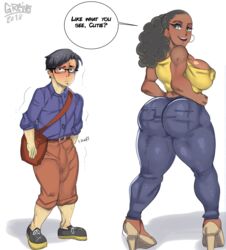 big_ass cleavage clothed dark-skinned_female dark_skin female glasses greivs heels hoop_earrings interracial jeans male nervous nipple_bulge shin showing_off showing_off_ass size_difference speech_bubble text thick_thighs tied_hair viv