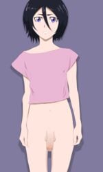 balls big_penis bleach bottomless clothing dark_hair flat_chest futanari half-dressed intersex kuchiki_rukia pale_skin penis skinny small_breasts solo_futa standing theshittypcstudios