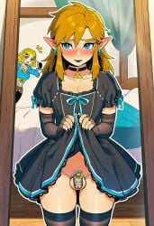 admiring_self ai_art ai_generated bare_legs black_lipstick black_makeup blue_eyes blush caged_cock chastity_cage choker crossdressing earrings elf_ears femboy feminine_male feminization flushed_face hairless_penis link lipstick long_hair maid_uniform makeup mirror nintendo novelai princess_zelda shy the_legend_of_zelda thumbs_up triforce zelda_(breath_of_the_wild)