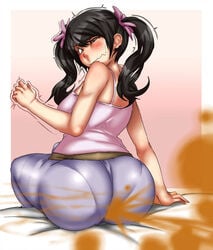 1girls ass big_ass black_hair blush brown_eyes clothed clothing fart fart_cloud fart_fetish farting female female_only lazei ling_xiaoyu long_hair simple_background sitting solo tank_top tekken twintails