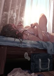 bag bed blush breasts commentary_request female female_masturbation highres huyunokure indoors lying masturbation nipple_stimulation nipple_tweak nipples on_back on_bed original panties school_bag small_breasts solo sweat tweaking_own_nipple underwear