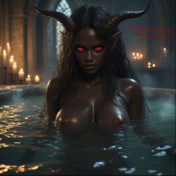 ai_generated angry_face bath black_body black_hair breasts candle castle dark-skinned_female demon_girl demon_horns english_text horns monster_girl nude nude_female original original_character red_eyes succubus text