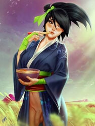 1futa 2019 absurd_res akali balls belt black_hair blush body_markings bottomless bowl breasts chopsticks clothed clothing detailed_background eating facial flaccid flaccid_penis futa_only futa_sans_pussy futanari green_ribbon green_ribbons hair hair_between_eyes hair_ribbon highres intersex japanese_clothes kimono large_breasts league_of_legends long_hair looking_at_viewer navel open_clothes penis perky_breasts ponytail ramen red_eyes ribbon ribbons solo solo_focus solo_futa standing tattoo testicle themaestronoob thighhighs uncensored