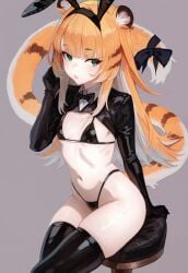 2d ai_assisted ai_generated animal_ears bikini black_bikini bow bunny_ears bunnysuit crossed_legs fake_animal_ears female flat_chest gloves green_eyes high_leg_thong icosilveraiart ju_fufu long_hair petite revealing_clothes sitting solo tail text thick_thighs thighhighs tiger tiger_ears tiger_girl tiger_tail wide_hips zenless_zone_zero