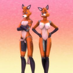 1:1 2019 3d animatronic anthro breasts canid canine crossed_arms erection fan_character female five_nights_at_freddy's fox foxy_(fnaf) fur gold97fox hair hi_res humanoid_penis looking_at_viewer machine male mammal nipples nude penis robot rule_63 simple_background smile source_filmmaker standing video_games