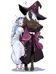 2girls ? absurdres areola_slip black_dress black_hat blue_eyes breasts cleavage clenched_teeth covered_nipples covered_penis dark-skinned_female dark_skin doll_joints dress elden_ring elden_ring_nightreign flower_wreath futa_with_female futanari grabbing_another's_breast grabbing_from_behind groping hat height_difference highres hug hug_from_behind huge_breasts huge_cock joints long_hair mochiume9 multiple_girls penis recluse_(elden_ring) revenant_(elden_ring) simple_background standing teeth very_dark_skin white_background white_dress white_hair witch_hat