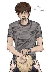 2boys andre_kriegman asking_to_slow_down blonde_hair blowjob bracelets brown_hair cal_gabriel calvin_gabriel english_text foxfever german german_male male male/male male_focus male_only mostly_clothed pleasure_face pleasured pleasured_male text unseen_face unseen_male_face white_background zero_day