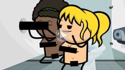 2girls afro bathroom bathroom_stall blonde_hair censor_bar censored censored_breasts censored_penis chocolate_and_vanilla cyanide_and_happiness dark-skinned_female dark_skin ebony fake_play_button fake_video female glory_hole implied_male implied_oral licking licking_penis light-skinned_female light_skin lipstick naked official_art ponytail sucking sucking_penis tagme