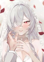 1boy azur_lane bare_shoulders blush breasts bridal_veil cg cleavage collarbone dress eyepatch falling_petals female fritz_rumey_(azur_lane) grey_hair jewelry large_breasts long_hair looking_at_viewer mole mole_under_eye necklace one_eye_covered ornate_ring parted_lips petals pov pov_hands red_eyes ring smile solo_focus strapless strapless_dress upper_body veil wedding_dress wedding_ring white_dress white_hair