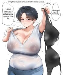 1girls areolae_visible_through_clothing aunt aunt_and_nephew bra breasts cleavage clothed clothing curvy dialogue english_text eyebrows_visible_through_hair female female_only huge_breasts incest jeans judies mature mature_female mature_woman milf original shirt slightly_chubby slightly_chubby_female solo solo_female text text_bubble voluptuous voluptuous_female white_background white_shirt