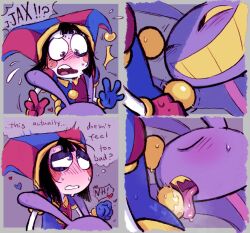 4_fingers anthro blueespresso69 bodily_fluids dominant dominant_male duo female fingers fist glitch_productions hair hi_res humanoid jax_(tadc) lagomorph larger_male leporid licking looking_pleasured male mammal messy_hair null pomni_(tadc) rabbit saliva shaking sharp_teeth shivering size_difference smaller_female smug_grin speech_bubble submissive submissive_female surprised sweat sweatdrop teeth the_amazing_digital_circus thought_bubble tongue