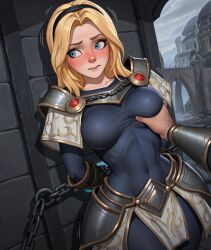 ai_generated avoiding_eye_contact blonde_hair blue_eyes blush chains collarbone grabbing_breasts groping intimidated league_of_legends luxanna_crownguard molestation molesting motion_lines restrained stable_diffusion tight_clothing