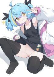 absurdres black_thighhighs blue_hair chinese_commentary cleft_of_venus dated female highres jacket mofftarkin multicolored_hair original pussy solo thighhighs tongue tongue_out uncensored v white_background yellow_eyes