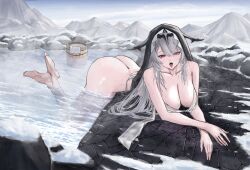 ass azur_lane barefoot blush breasts bucket cg cleavage collarbone duguay-trouin_(azur_lane) duguay-trouin_(covetous_bathgoer)_(azur_lane) feet female grey_hair large_breasts long_hair looking_at_viewer lying mountain mountainous_horizon nude nun on_stomach onsen open_mouth outdoors partially_submerged purple_eyes sky snow soles solo toes tongue tongue_out towel very_long_hair water wet wooden_bucket
