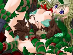 1girl 2000s_(style) aqua_bra blonde_hair blue_bra blue_eyes blush bra braid breasts censored clothing_aside cocono_aqua game_asset green_bra green_panties lace lingerie long_hair mahou_senshi_(series) mahou_senshi_sweet_knights_2 medium_breasts mosaic_censoring nipples non-web_source official_art open_bra open_mouth panties panties_aside pussy rape saitou_natsuki school_uniform self-datamine skirt socks solo solo_focus spread_legs tearing_clothes tentacle_sex tentacles torn_clothes twin_braids underwear vaginal variant_set visual_novel_cg