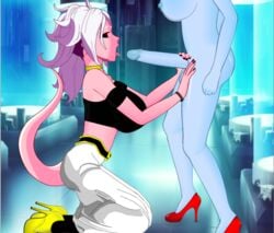 1futa 1girls 2010s android_21 balls belt big_breasts black_nail_polish black_nails black_sclera blue_skin boots breasts collar dark_persona demon_girl dragon_ball dragon_ball_fighterz dragon_ball_heroes erection female futa_on_female futanari hand_on_penis handjob high_heels high_heels_boots humanoid intersex long_hair majin majin_android_21 naked nipples nude pants penis pink_skin pointy_ears red_eyes roro73290 super_deepthroat_game tail tongue tongue_out towa white_hair