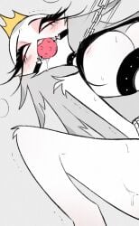 anthro avian ball_gag bdsm beak bird blush bondage_gear chained collar cropped cropped_image helluva_boss helluva_venti leash pleasure_face ribbon_bra spread_legs stella_(helluva_boss) submissive submissive_female sweat sweatdrop