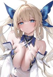 ahoge azur_lane bare_shoulders blonde_hair blue_eyes blush breasts butterfly_hair_ornament cg cleavage closed_mouth detached_collar detached_sleeves dress female hair_ornament large_breasts long_hair looking_at_viewer massena_(azur_lane) mole sidelocks simple_background solo twintails upper_body white_background