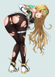 armor ass bangs blonde_hair blush boots breasts cleavage covered_navel earrings elbow_gloves female gem hair_ornament headpiece highres jewelry large_breasts long_hair looking_at_viewer mythra_(xenoblade) nintendo open_mouth panties shoulder_armor shy simple_background solo sssemiii swept_bangs tiara torn_clothes underwear very_long_hair white_background xenoblade_(series) xenoblade_chronicles_2