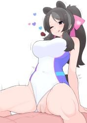 1boy :q animal_ears bear_ears bear_girl bergman's_bear_(kemono_friends) blush bow breasts closed_mouth clothing_aside commentary cowboy_shot cowgirl_position ezo_brown_bear_(kemono_friends) female grey_eyes grey_hair hairbow heart highres illu_(illu_stratos) kemono_friends large_breasts lifeguard long_hair looking_at_viewer one-piece_swimsuit one_eye_closed pink_bow pussy sex simple_background smile solo_focus straddling straight swimsuit swimsuit_aside symbol-only_commentary tongue tongue_out uncensored whistle whistle_around_neck white_background white_one-piece_swimsuit