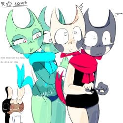 being_watched blushing conjoined_twins cosmo_(dandy's_world) dandy's_world dandys_world heart-shaped_pupils movement_lines paws portuguese_text razzle_and_dazzle_(dandy's_world) rnd_lover seafoam_razzle_and_dazzle shocked shocked_expression smacking_ass transgender_pride_colors visible_panties