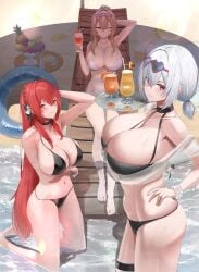 3girls arm_under_breasts azur_lane bare_shoulders barefoot beach bikini black_bikini black_choker blush braid breasts brown_hair cg choker cleavage closed_mouth collarbone cup drinking_glass eyewear_on_head food fruit grapes hair_between_eyes hand_on_own_hip heart heart-shaped_eyewear holding huge_breasts innertube kneeling large_breasts lion_(azur_lane) lion_(the_reclining_dandelion)_(azur_lane) long_hair looking_at_viewer monarch_(azur_lane) monarch_(sovereign_of_the_beach)_(azur_lane) multiple_girls navel o-ring o-ring_bikini official_alternate_costume one_eye_closed orange_(fruit) outdoors ponytail red_eyes red_hair scrunchie see-through short_hair sirius_(azur_lane) sirius_(scorching-hot_seirios)_(azur_lane) smile sunglasses swim_ring swimsuit thigh_strap thighs tray twintails very_long_hair water wet white_bikini white_hair white_scrunchie wrist_scrunchie
