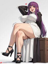 ai_generated arm_behind_head bangs black_footwear blunt_bangs blush breasts bright_pupils covered_nipples crate crossed_legs cute dress female heart high_heels hood huge_ass huge_breasts juswa large_ass large_breasts legs long_hair looking_at_viewer no_panties open_mouth purple_eyes purple_hair pussy simple_background sitting smile solo strappy_heels teeth thicc thick_thighs thighs tongue tongue_out upper_teeth_only white_dress
