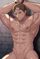 1boy abs armpits bara beryl_gardernant bound bound_wrists brown_hair completely_nude facial_hair green_eyes katainaka_no_ossan_kensei_ni_naru kyantaman_chi large_pectorals male male_focus male_only mature_male multicolored_hair muscular muscular_male navel nipples nude out-of-frame_censoring pectorals scar scar_on_chest short_hair solo streaked_hair stubble