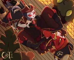 4_eyes accessory alternate_universe anthro artist_name avian bandanna_on_forehead beak between_legs bird black_beak blitzo_(helluva_boss) blush bodily_fluids bottomwear bound canon_couple chair clothed clothing coat cotikun cuff_(restraint) cum cum_on_face cum_on_hand cum_on_penis demon demon_humanoid duo ejaculation eyebrows feathers feet fellatio fingerless_gloves floor food forehead_mark fruit furgonomics furniture genital_fluids genitals gloves gold_(metal) gold_ring gold_shackles grey_body grey_feathers hand_on_penis hands-free handwear hat headgear headwear heart_eyes heart_symbol hellaverse helluva_boss hi_res horn horned_humanoid humanoid humanoid_on_anthro imp inside jewelry kerchief kneeling legs_tied lemon looking_pleasured male male/male markings mouth_closed multi_eye multicolored_body open_bottomwear open_clothing open_pants oral oral_orgasm orgasm orgasm_face owl owl_demon pants peaked_cap penile penis penis_grab pirate pirate_hat pirate_outfit plant plant_pot potted_plant red_body red_eyes red_penis red_sclera restraints ring saliva sex shackles sharp_teeth ship shirt sitting size_difference small_dom_big_sub smile spade_tail spread_legs spreading stolas_(helluva_boss) striped_horn striped_markings striped_tail stripes submissive submissive_male tail tail_accessory tail_feathers tail_jewelry tail_markings tail_ring talons teeth text toes topwear vehicle watercraft watermark wood wood_floor yellow_sclera yellow_teeth