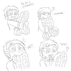 1boy 4koma ^_^ big_eyes biting biting_penis cock cockwaffle eating fangs fiendshideyhole fluids food food_in_mouth heart heart_symbol hoodie humor kamen_rider kamen_rider_gavv kamen_rider_gavv_(series) liquid male male_focus male_only meme multiple_images penis penis-shaped_food realisation shock_lines shoma_(kamen_rider_gavv) short_hair sketch solo syrup uncolored unusual_cum waffle