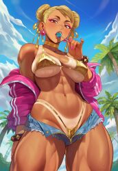 abs ai_generated alternate_color alternate_costume blonde_hair blush brown_eyes choker chun-li covered_nipples denim_shorts earrings eyeshadow from_below golden_bikini hair_bun highleg_panties jagat_ai lollipop looking_at_viewer pubic_stubble short_shorts solo_female sportswear street_fighter sweat tan tanline tanlines toned toned_female unzipped