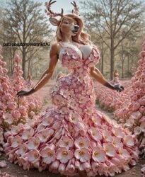 ai_generated big_breasts bimbo breasts cervine cleavage deer deer_ears deer_girl deer_tail dress female female_only garden giant_breasts gigantic_breasts huge_breasts hyper_breasts large_breasts matriksai oc oc_(deerly) plump_lips solo