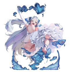 ass blue_shoes breasts bridal_gauntlets bridal_veil brown_dust_(series) brown_dust_2 censored cleavage dress female from_below full_body gloves grey_hair hair_between_eyes heart high_heels highres hydrokinesis large_breasts letdie1414 long_hair looking_at_viewer morpeah_(brown_dust) mosaic_censoring nipples open_mouth pussy shoes simple_background smile soles solo stiletto_heels teeth tiara toes underboob variant_set veil very_long_hair water wedding_dress white_background white_gloves