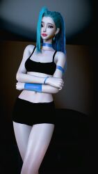 1girls 3d 4k aqua_eyes aqua_hair belly belly_button blue_eyes blue_hair bra bracelet breasts choker chromatic_aberration crashbanditkut earrings eyelashes eyeliner eyeshadow face_tattoo female female_focus hair hi_res high_resolution highres k/da_all_out_seraphine k/da_all_out_series k/da_series league_of_legends light-skinned_female light_skin lips lipstick long_eyelashes long_hair looking_at_viewer makeup mascara navel pale-skinned_female pale_skin ponytail riot_games room seraphine_(league_of_legends) shorts small_breasts solo video_game_character video_games virt-a-mate virtamate wet wet_body wet_skin