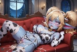 1girls after_fellatio after_sex after_vaginal ahe_gao ai_generated big_ass big_breasts big_butt blonde_hair blue_fur blue_skin blush bukkake cleavage costume covered_in_cum cow_bell cow_bikini cow_horns cow_print cow_print_armwear cow_print_bikini cow_print_thighhighs cowgirl_outfit creamhorseai cum cum_covered cum_drip cum_in_ass cum_in_mouth cum_in_pussy cum_inside cum_on_body cum_on_breasts cum_on_face curvaceous curvaceous_female curvaceous_figure curvy curvy_female curvy_figure defeat defeated erect_nipples excessive_cum exhausted fainted female fit fit_female fucked_silly garter_belt headband headwear high_resolution highres horny horny_female hourglass_figure huge_ass huge_breasts humanoid indoors league_of_legends league_of_legends:_wild_rift lingerie lingerie_only long_hair lying_on_back mansion mature_female midget milf mommy mommy_kink moon night perfect_body pointy_ears poppy posing purple_eyes rolling_eyes seductive seductive_look shortstack sweat sweating thick_thighs twintails voluptuous voluptuous_female yordle