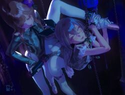 1=2 2girls athletic_leotard ballerina ballet_slippers bondage breasts brown_hair chains clenched_teeth collar contortion crying crying_with_eyes_open flexible flower frilled_leotard frills gloves grey_eyes hair_flower hair_ornament highres hitachi_magic_wand leotard long_hair long_sleeves multiple_girls nipple_piercing open_mouth original pantyhose piercing purple_hair restrained sex_toy short_sleeves skindentation small_breasts split standing standing_on_one_leg standing_split tears teeth thigh_strap vibrator white_gloves white_pantyhose