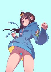 absurdres bar_censor blue_background blue_hoodie bright_pupils censored clenched_hands commentary_request cube_hair_ornament earclip female floating_hair from_below grin hair_ornament hej_510 highres hood hood_down hoodie lida_(pokemon) long_hair long_sleeves no_panties pokemon pokemon_legends:_z-a pussy sleeves_past_wrists smile solo tassel teeth topknot white_pupils zipper_pull_tab