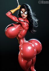 1girls ai_generated arms_up bimbo bimbofication black_hair female female_only ham11 huge_ass huge_breasts latex marvel marvel_comics narrow_waist simple_background solo_female spider-woman spider-woman_(jessica_drew) thick_lips thick_thighs web wide_hips