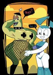 alien alien_humanoid armor big_breasts black_eyes blue_hair breasts clothing collar dialogue duo eyelashes female fishnet_clothing fishnet_legwear front_view genitals green_body hair hand_behind_head headgear heart_symbol helmet hi_res humanoid jenny_wakeman legwear letta_(mlaatr) machine my_life_as_a_teenage_robot navel nickelodeon nipple_outline pasties purple_eyes robot robot_humanoid sharp_teeth slightly_chubby smile somescrub speech_bubble studded_collar studs teeth text thick_thighs twintails vulva white_body wide_hips