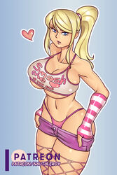 1girls absurdres ass big_breasts bimbo blonde_hair blue_eyes breasts cleavage collarbone curvy english_text female female_only fishnets fuck-me_shirt heart highres huge_breasts human long_hair looking_at_viewer metroid nauth nauth_le_roy navel nintendo panties ponytail pulling_down_shorts samus_aran shirt short_shorts shorts sidelocks solo super_smash_bros. text thick_thighs thighhighs thong thong_panties underboob undressing video_games