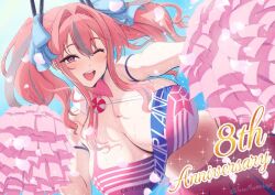 ;d alternate_costume azur_lane bare_shoulders blush bow breasts bremerton_(azur_lane) cg cheerleader cleavage confetti crop_top detached_collar female grey_hair hair_between_eyes hair_intakes hair_ornament hairbow holding huge_breasts large_breasts long_hair looking_at_viewer midriff mole mole_on_breast mole_under_eye multicolored_hair navel one_eye_closed open_mouth petals piercing pink_eyes pink_hair pink_skirt pleated_skirt pom_pom_(cheerleading) sidelocks skirt sleeveless smile solo streaked_hair sweat teeth twintails twitter_username two-tone_hair two-tone_skirt upper_teeth_only