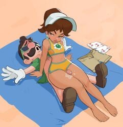 1boy absurdres amugea arm_support assertive_female bare_legs barefoot beach_mat big_nose bikini bikini_shorts brooch brown_hair chest_hair cum cum_on_body cum_on_legs earrings facial_hair female flower_brooch flower_earrings gloves highres jewelry luigi mario_(series) moustache official_alternate_costume penis princess_daisy reverse_cowgirl_position shorts straddling sunglasses swimsuit thigh_sex trembling unworn_boxers unworn_shorts visor_cap white_gloves