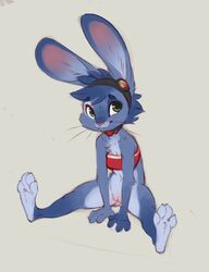 2019 anthro big_ears blue_fur blue_hair bra breasts clothing collar feet female fur green_eyes hair headband jewelry lagomorph leporid mammal mostly_nude necklace paws pussy rabbit reign-2004 simple_background sitting smile solo underwear