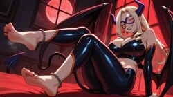 ankle_cuffs anklet bare_shoulders barefoot bat_wings boku_no_hero_academia bracelet breasts chains cleavage crossed_legs cuffs demon_girl demon_horns demon_tail demon_wings ear_piercing earrings erosaga feet female foot_focus full_moon grin halloween halloween_costume handcuffs head_wings horns jewelry large_breasts long_hair long_toenails looking_at_viewer moon mount_lady my_hero_academia night night_sky pants piercing red_eyes red_moon shackles smile soles sunglasses tail toe_ring toenail_polish toenails toes umbrella whip window wings
