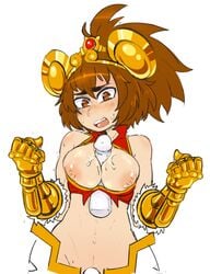 1boy 1boy1girl 1girls areolae armor arms_up belly bikini_top blush bottomless bottomless_female breasts breasts_out brown_hair cum cum_between_breasts cum_on_breasts disembodied_penis embarrassed female fists_clenched gloves gold_gloves hair_ornament kuu_(battle_cats) long_gloves looking_at_viewer male medium_breasts medium_hair metal_gloves open_mouth paizuri ponytail red_eyes senatorwong shoulders simple_background standing_paizuri standing_sex stomach sweat the_battle_cats titjob white_background